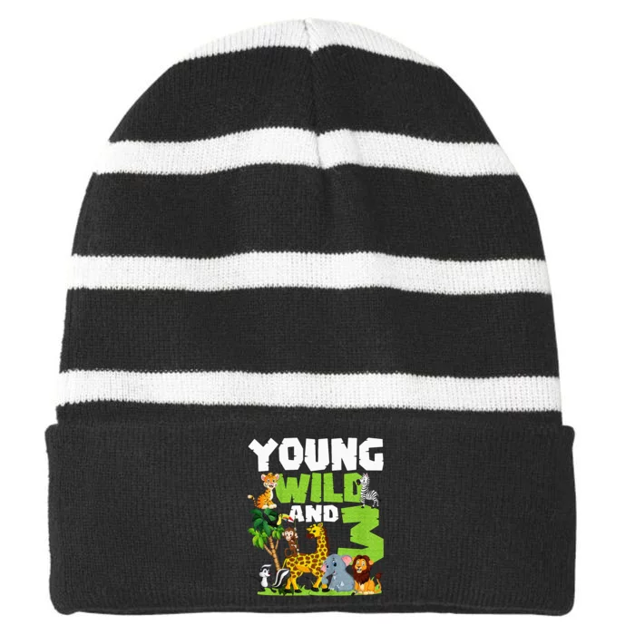 Kids Young Wild And 3 Safari Animal Themed 3rd Birthday Party Striped Beanie with Solid Band