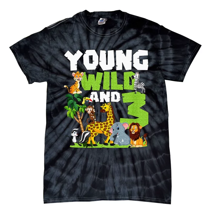 Kids Young Wild And 3 Safari Animal Themed 3rd Birthday Party Tie-Dye T-Shirt