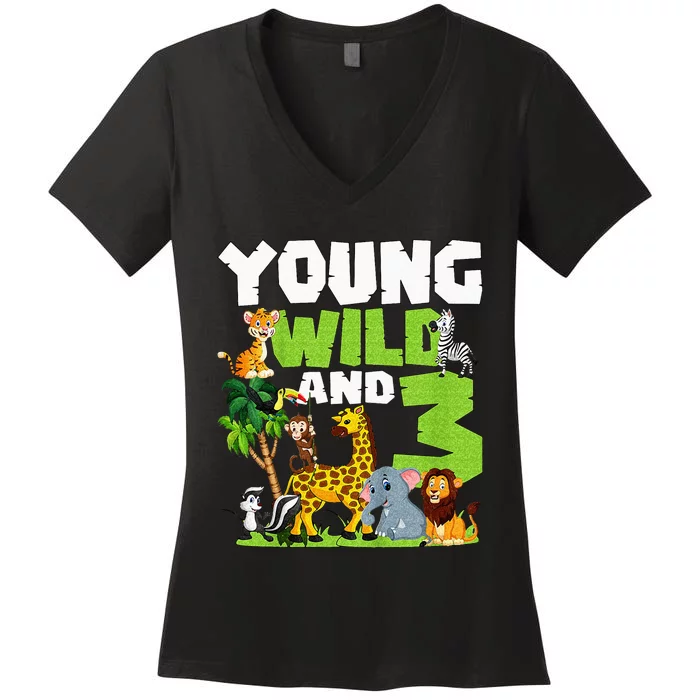 Kids Young Wild And 3 Safari Animal Themed 3rd Birthday Party Women's V-Neck T-Shirt