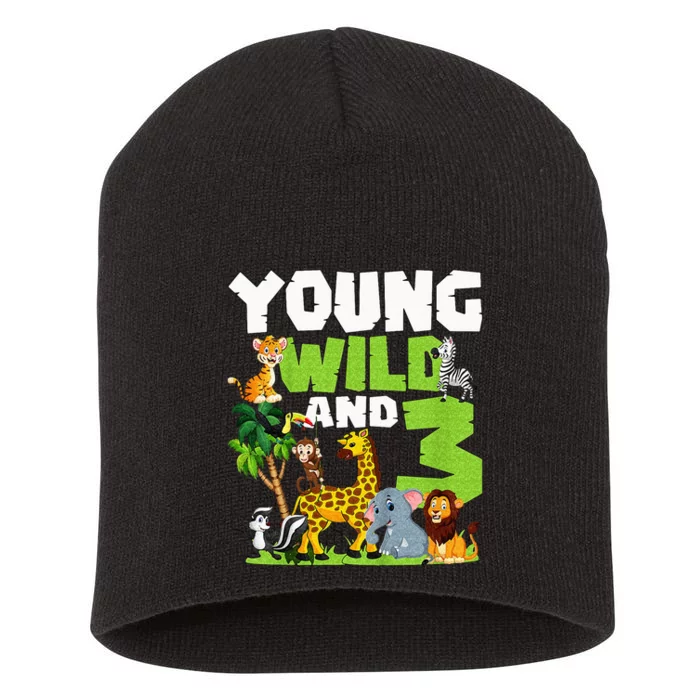 Kids Young Wild And 3 Safari Animal Themed 3rd Birthday Party Short Acrylic Beanie