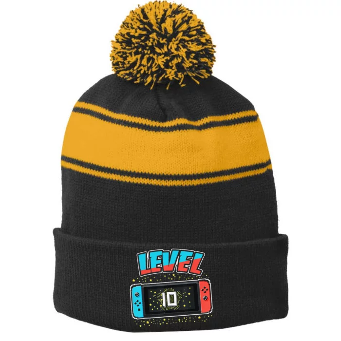 Level 10 Birthday 10 Years Old Video Games Gift Stripe Pom Pom Beanie