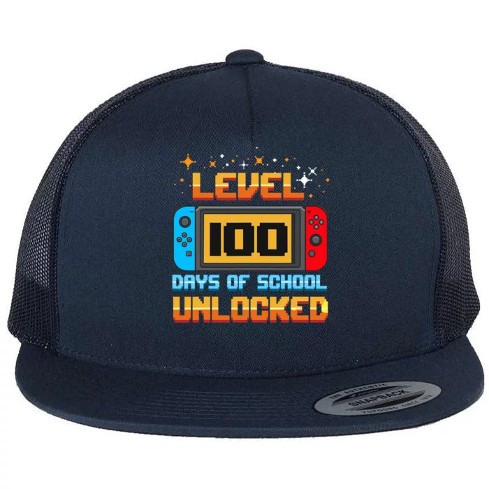 Level 100 Days Of School Unlocked Gamer Flat Bill Trucker Hat