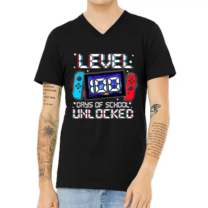 Level 100 Days Of School Unlocked Gamer Video Games V-Neck T-Shirt