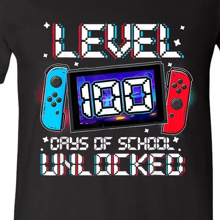 Level 100 Days Of School Unlocked Gamer Video Games V-Neck T-Shirt