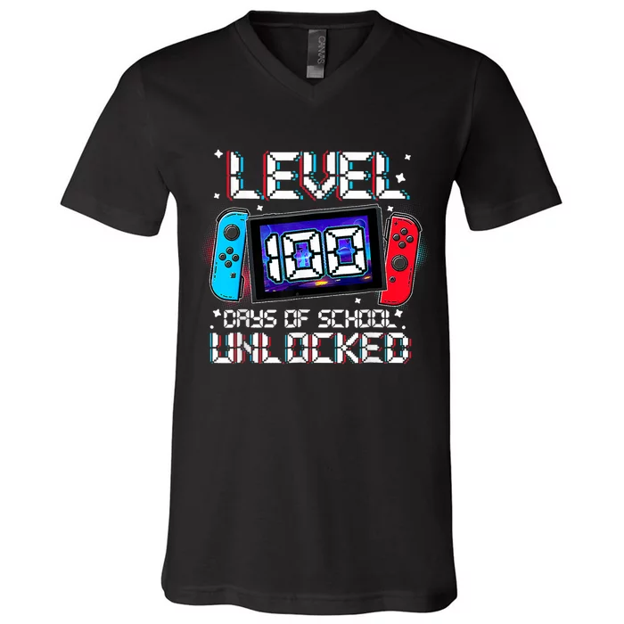 Level 100 Days Of School Unlocked Gamer Video Games V-Neck T-Shirt