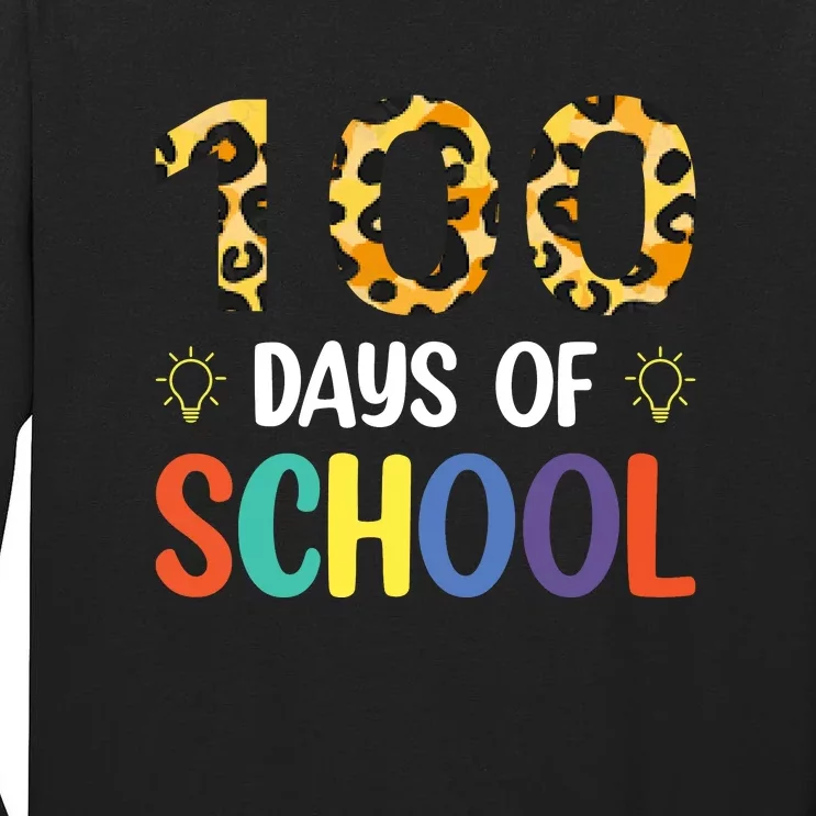 100 Days Of School Leopard 100th Day Of School Teacher Kids Tall Long Sleeve T-Shirt