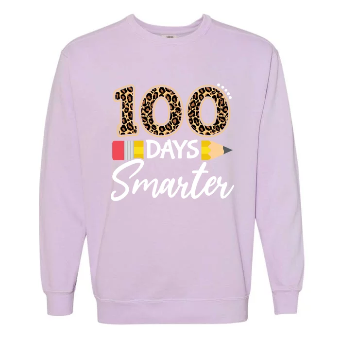 Leopard 100 Days Smarter Teacher Student 100th Day Of School Cute Gift Garment-Dyed Sweatshirt