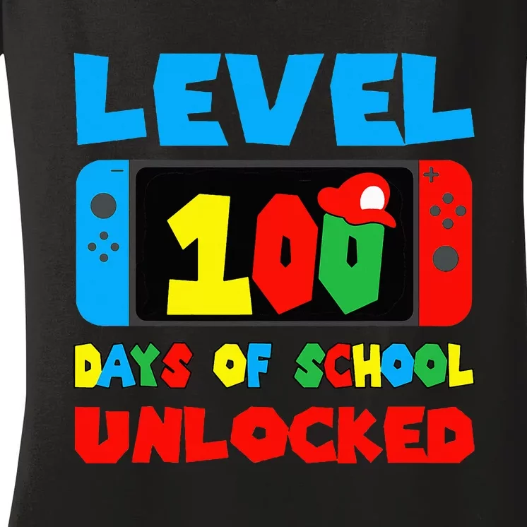 Level 100 Days Of School Unlocked Video Games Gamer Women's V-Neck T-Shirt