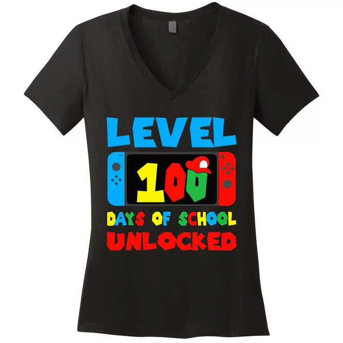 Level 100 Days Of School Unlocked Video Games Gamer Women's V-Neck T-Shirt