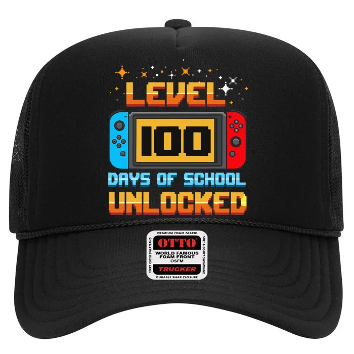 Level 100 Days Of School Unlocked Gamer Funny 100th Day High Crown Mesh Trucker Hat