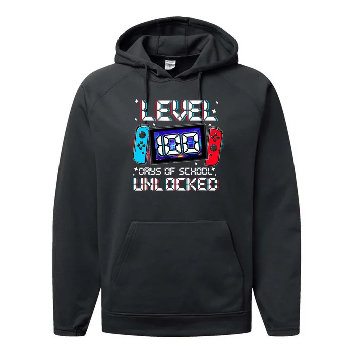 Level 100 Days Of School Unlocked Gamer Video Games Performance Fleece Hoodie