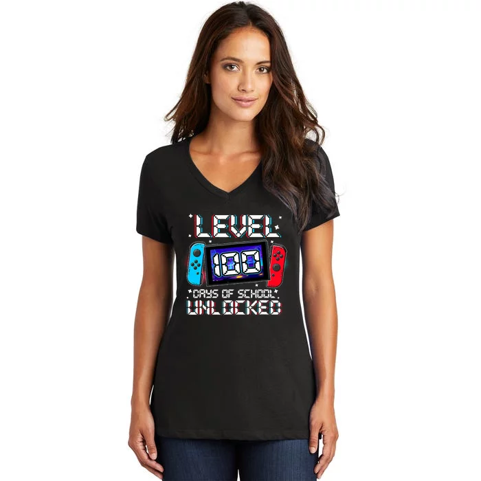 Level 100 Days Of School Unlocked Gamer Video Games Women's V-Neck T-Shirt