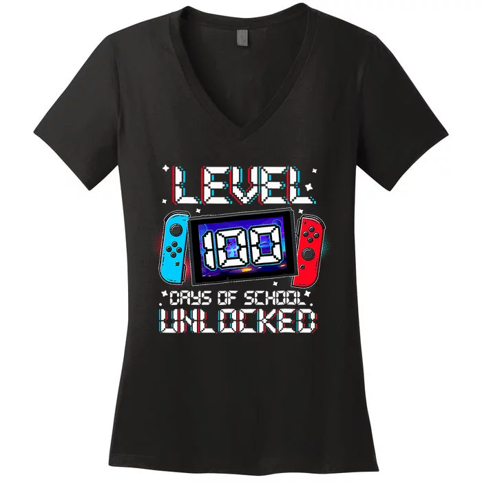 Level 100 Days Of School Unlocked Gamer Video Games Women's V-Neck T-Shirt