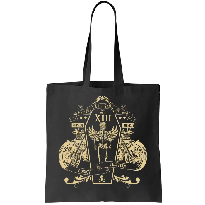 Lucky 13 Thirteen Memento Mori Last Ride Skeleton Biker Tote Bag