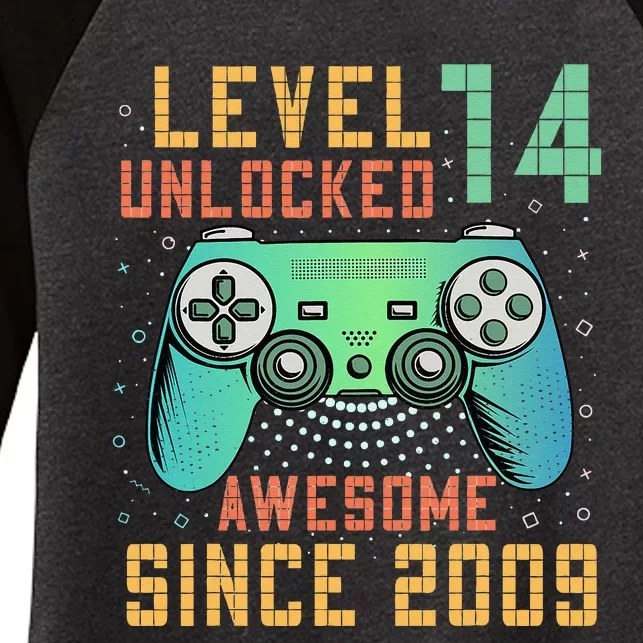 Level 14 Unlocked 14th Birthday 14 Year Old Boy Gifts Gamer Women's Tri-Blend 3/4-Sleeve Raglan Shirt