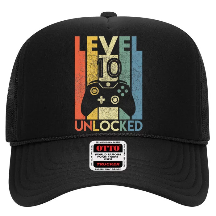 Level 10 Unlocked Funny Video Gamer 10th Birthday High Crown Mesh Trucker Hat