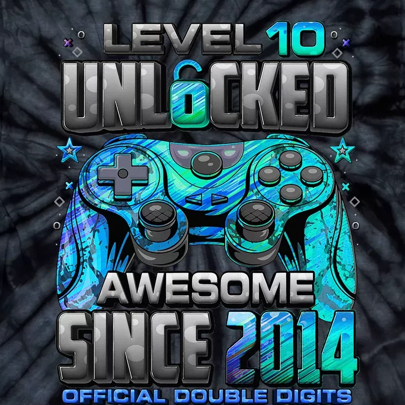 Level 10 Unlocked Awesome Since 2014 10th Birthday Gaming Tie-Dye T-Shirt