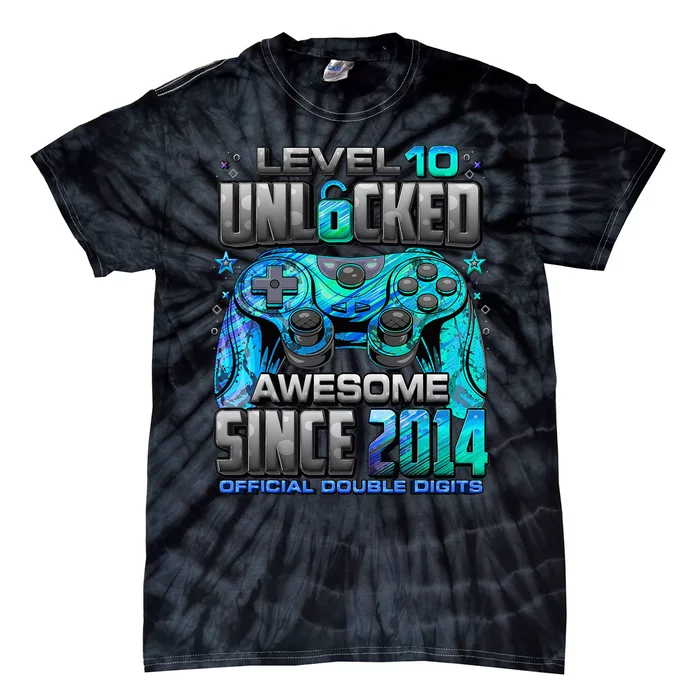 Level 10 Unlocked Awesome Since 2014 10th Birthday Gaming Tie-Dye T-Shirt