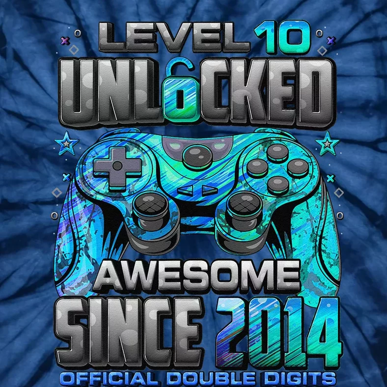 Level 10 Unlocked Awesome Since 2014 10th Birthday Gaming Tie-Dye T-Shirt