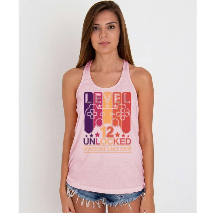 Level 12 Unlocked Awesome Since 2009 Gamer Gift Women's Knotted Racerback Tank