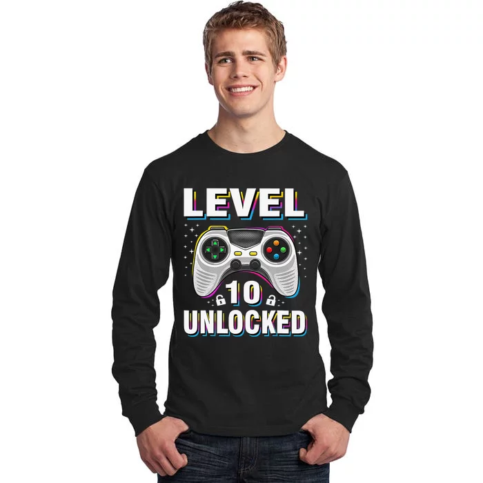 Level 10 Unlocked Video Game 10th Birthday Gamer Gifts Boys Tall Long Sleeve T-Shirt