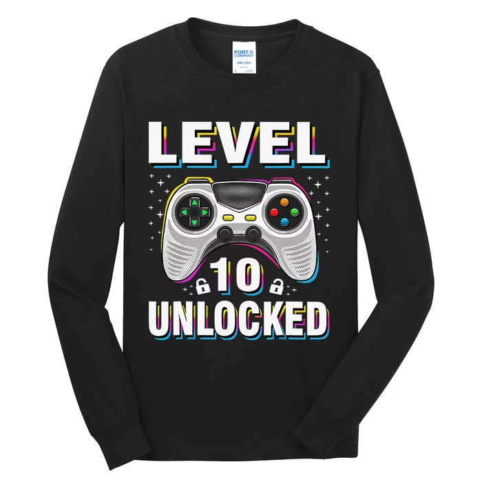 Level 10 Unlocked Video Game 10th Birthday Gamer Gifts Boys Tall Long Sleeve T-Shirt