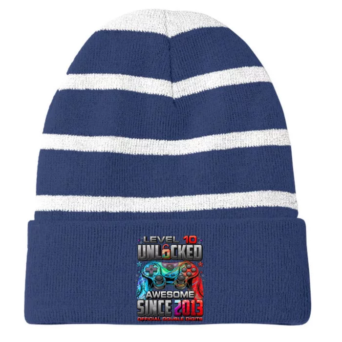 Level 10 Unlocked Awesome Since 2013 10th Birthday Gaming Striped Beanie with Solid Band