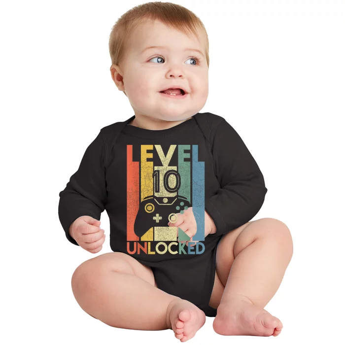 Level 10 Unlocked Shirt Funny Video Gamer 10th Birthday Gift Baby Long Sleeve Bodysuit