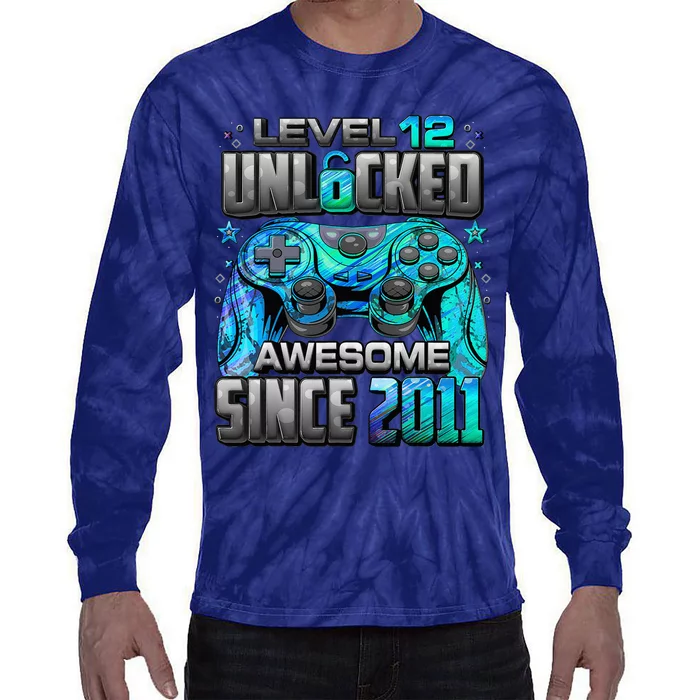 Level 12 Unlocked Awesome Since 2011 12th Birthday Gaming Tie-Dye Long Sleeve Shirt