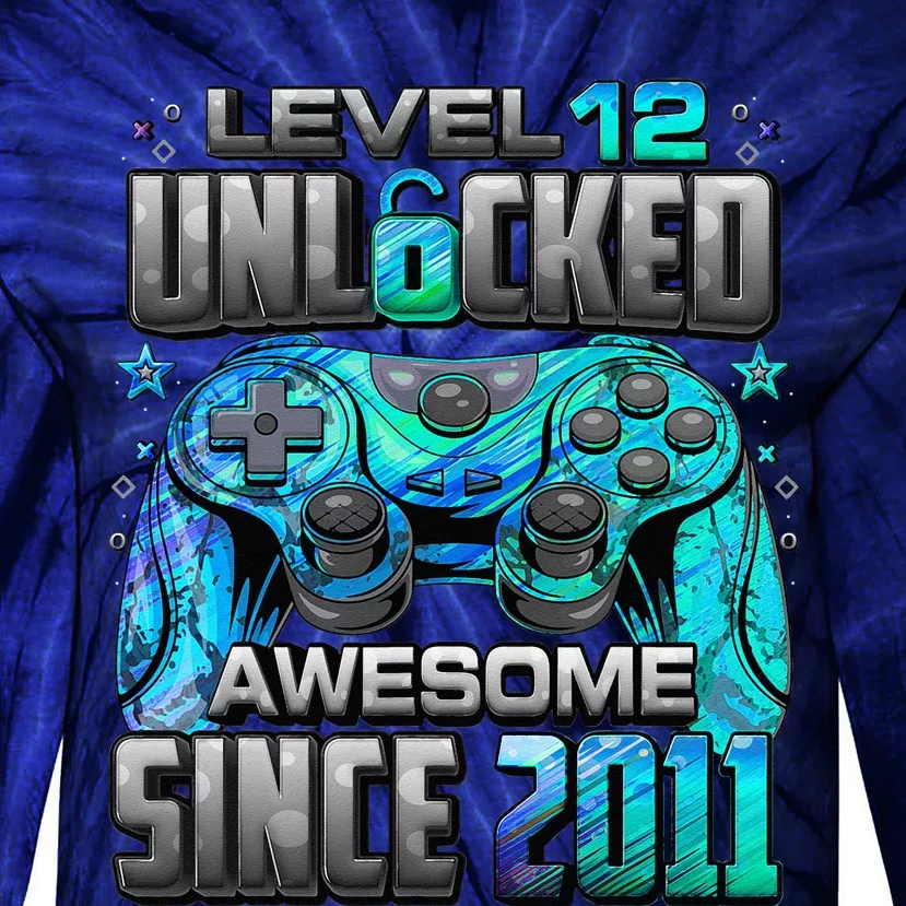 Level 12 Unlocked Awesome Since 2011 12th Birthday Gaming Tie-Dye Long Sleeve Shirt