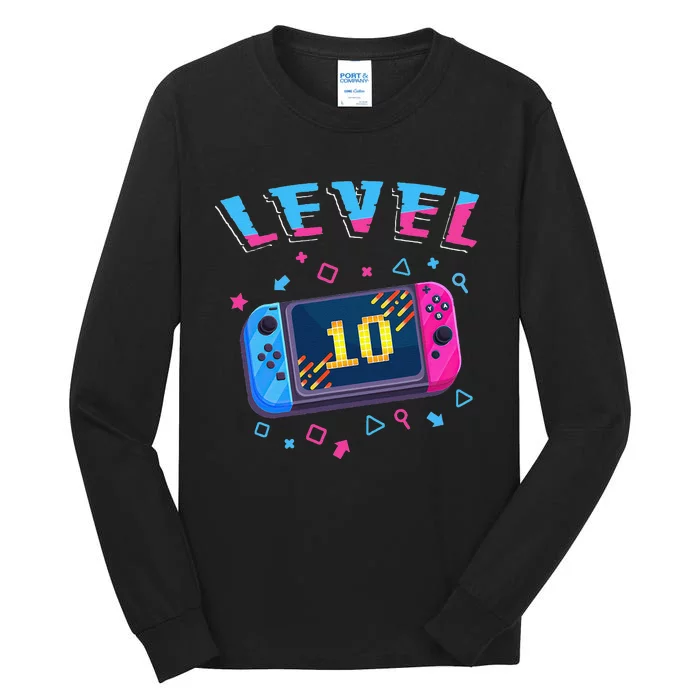 Level 10 Unlocked Gamer 10th Birthday Gift Video Game Lovers Tall Long Sleeve T-Shirt