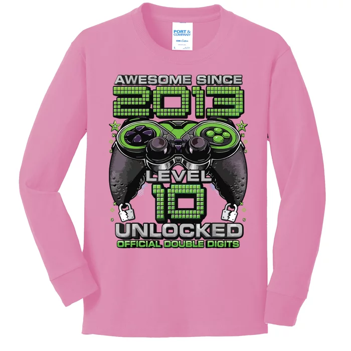 Level 10 Unlocked Awesome Since 2013 10th Birthday Gaming Kids Long Sleeve Shirt