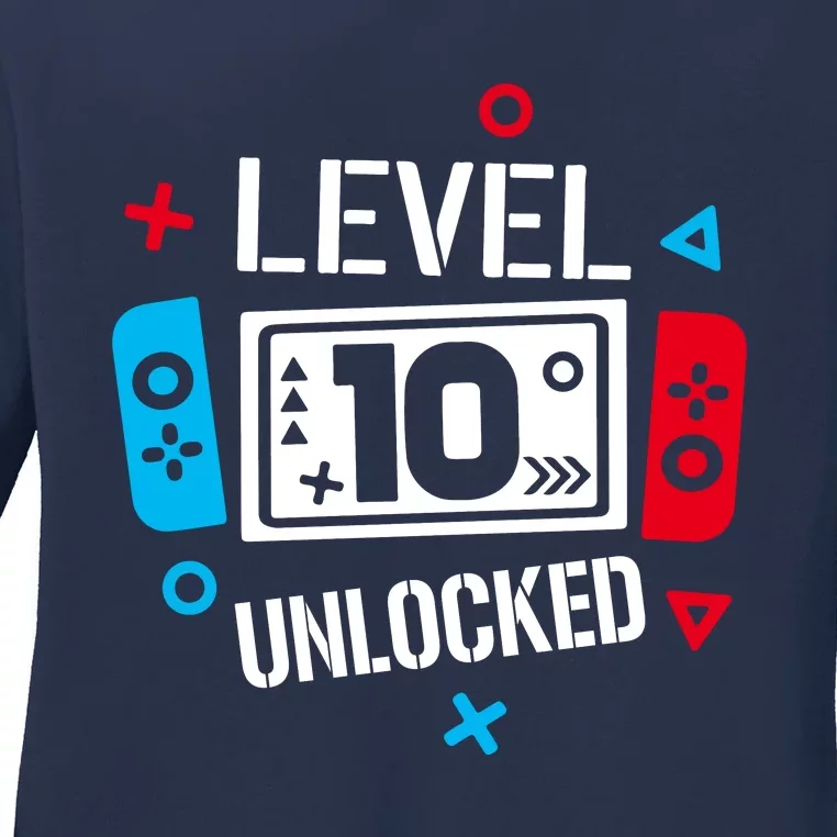 Level 10 Unlocked Birthday, 10th Birthday Boy Gamer, 10 Years Old Gamer Ladies Long Sleeve Shirt