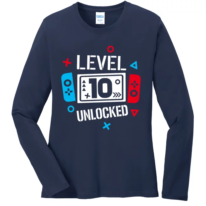 Level 10 Unlocked Birthday, 10th Birthday Boy Gamer, 10 Years Old Gamer Ladies Long Sleeve Shirt