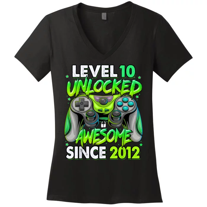 Level 10 Unlocked Awesome 2012 Video Game 10th Birthday Women's V-Neck T-Shirt