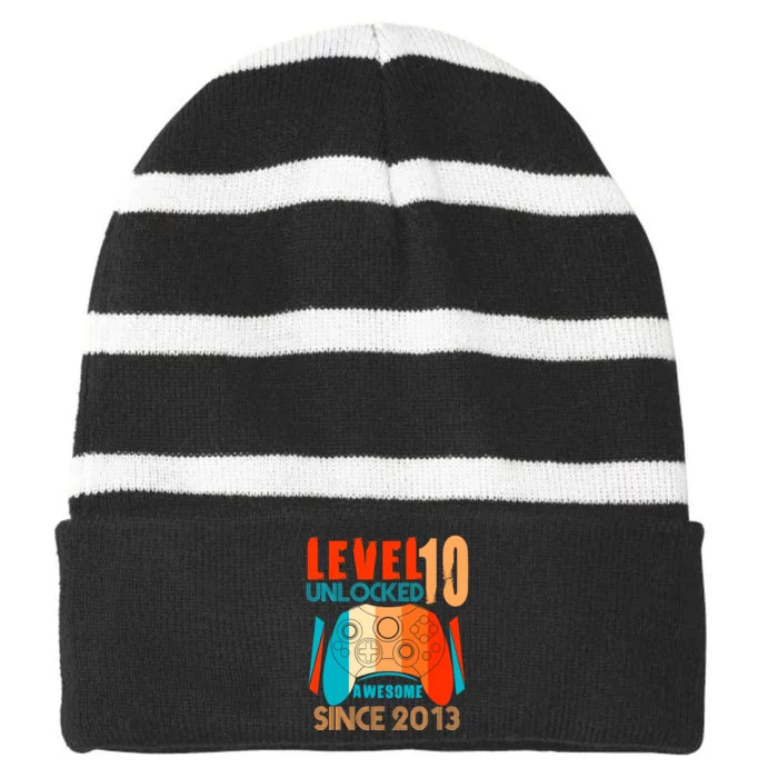 Level 10 Unlocked Birthday 10 Year Old Gamer Striped Beanie with Solid Band