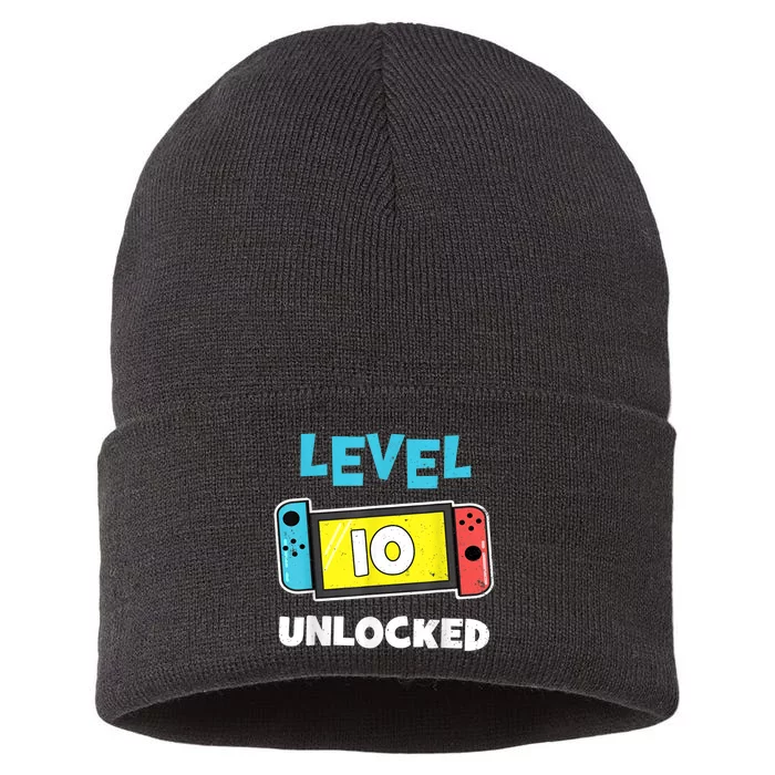 Level 10 unlocked Gamer 10th Birthday Gift Video Game lovers Sustainable Knit Beanie