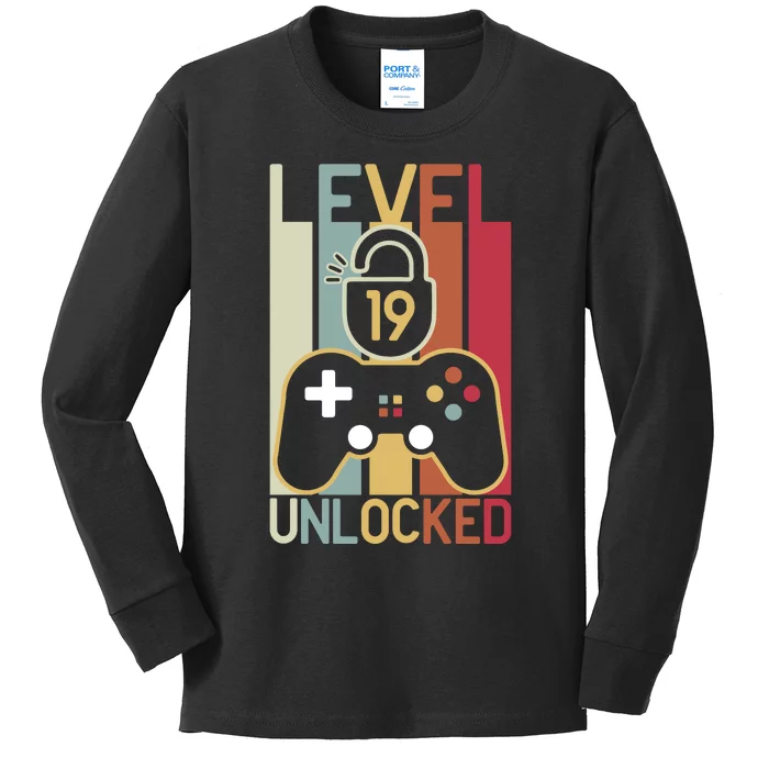 Level 19 Unlocked Birthday Gift Vintage Retro Kids Long Sleeve Shirt