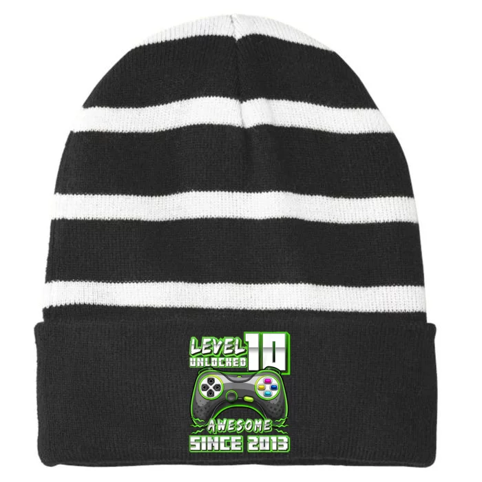 Level 10 Unlocked Awesome 2013 Video Game 10th Birthday Boy Striped Beanie with Solid Band