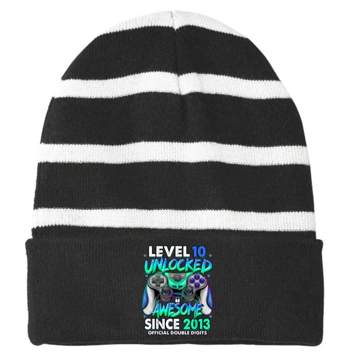 Level 10 Unlocked Awesome Since 2013 10th Birthday Gaming Striped Beanie with Solid Band