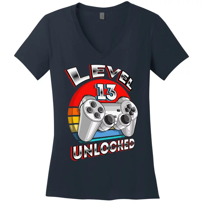 Level 13 Unlocked Matching Video Game 13th Birthday Gift Women's V-Neck T-Shirt