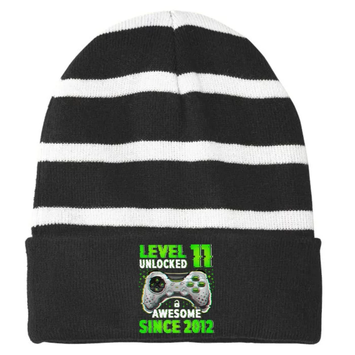 Level 11 Unlocked Video Game 11th Birthday Gamer Boys Striped Beanie with Solid Band