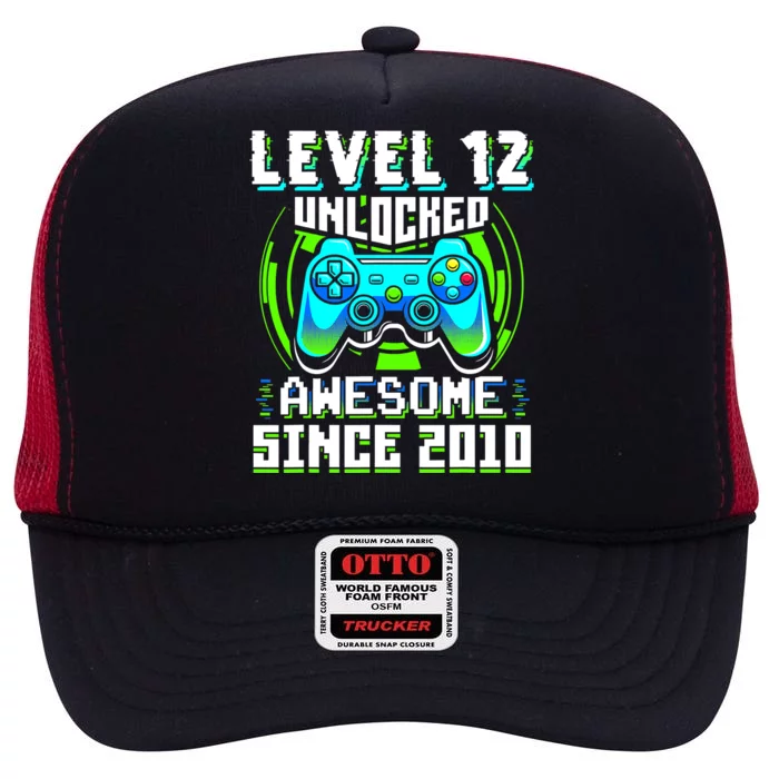 Level 12 Unlocked Awesome Since 2010 Gamer 12th Birthday High Crown Mesh Trucker Hat