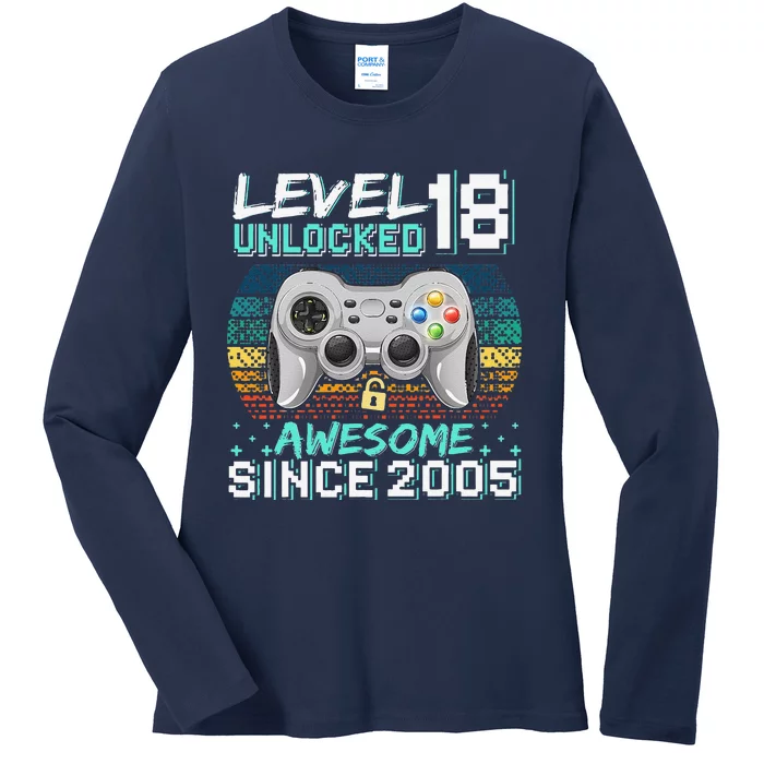 Level 18 Unlocked Awesome 2005 Video Game 18th Birthday Gift Ladies Long Sleeve Shirt