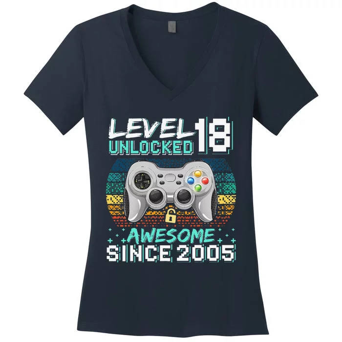 Level 18 Unlocked Awesome 2005 Video Game 18th Birthday Gift Women's V-Neck T-Shirt