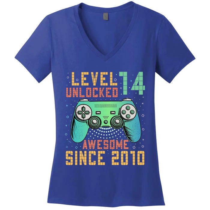 Level 14 Unlocked 14th Birthday 14 Year Old Gifts Women's V-Neck T-Shirt