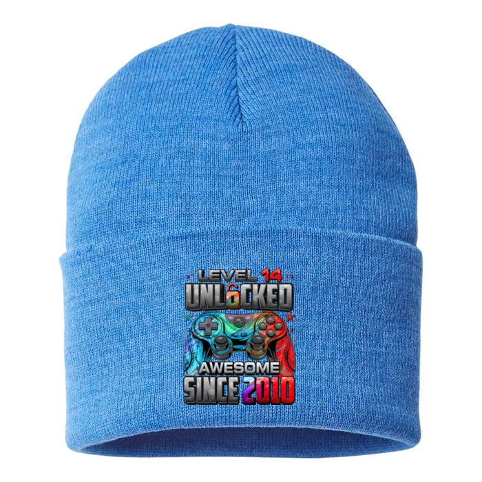 Level 14 Unlocked Awesome Since 2010 14th Birthday Gaming Sustainable Knit Beanie