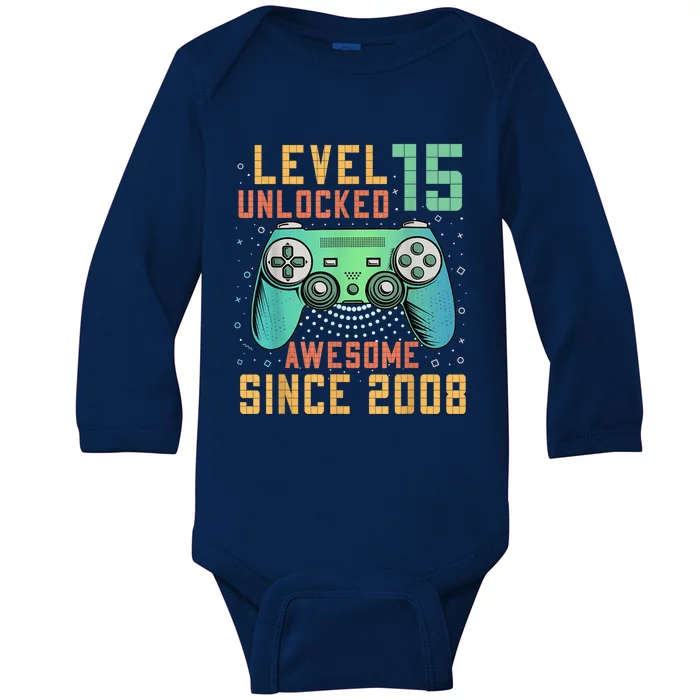 Level 15 Unlocked 15th Birthday 15 Year Old Boy Gifts Gamer Baby Long Sleeve Bodysuit