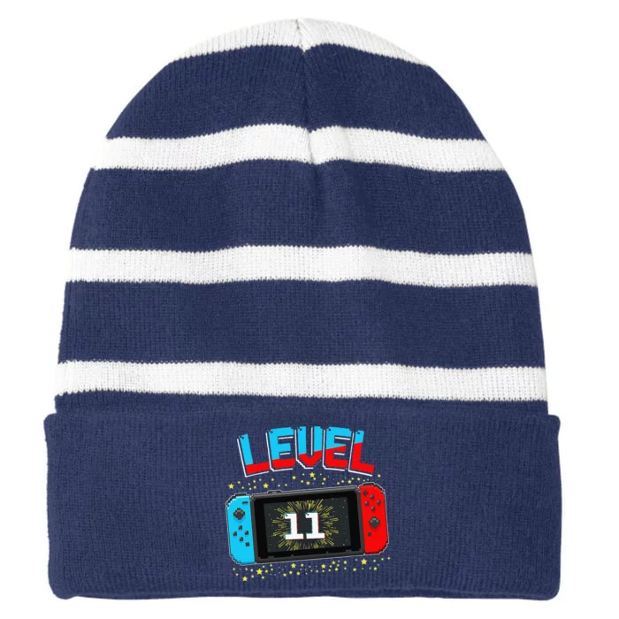 Level 11 Unlocked Gamer 11th Birthday Gift Video Game Lovers Striped Beanie with Solid Band