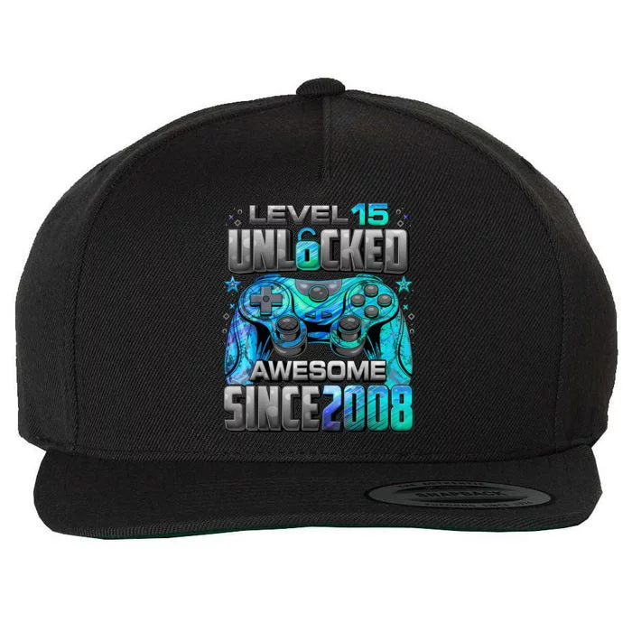 Level 15 Unlocked Awesome Since 2008 15th Birthday Gaming Wool Snapback Cap